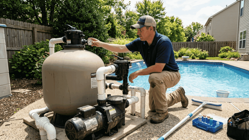 pool technician checking a residential pool filter and pressure gauge during routine maintenance