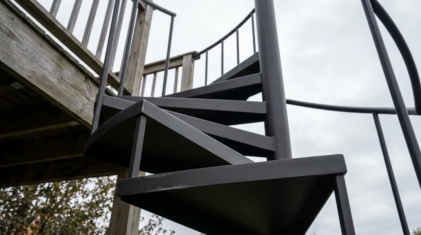 Black spiral staircase leading to wooden deck under cloudy sky