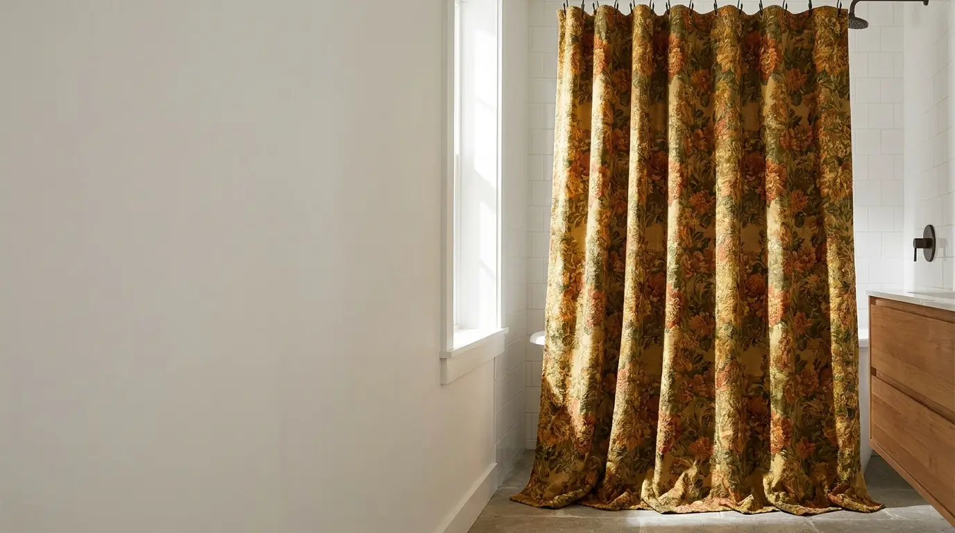 Floral-patterned shower curtain in a bright bathroom with wooden vanity cabinet