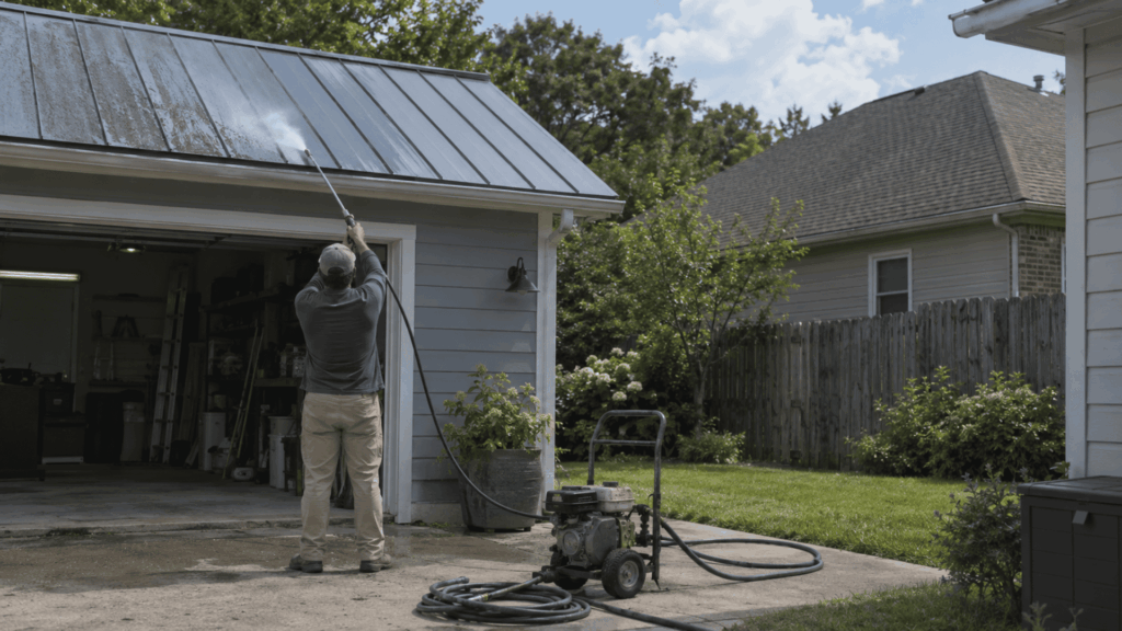 worker using controlled pressure washing on a metal roof while a shingle roof remains untouched