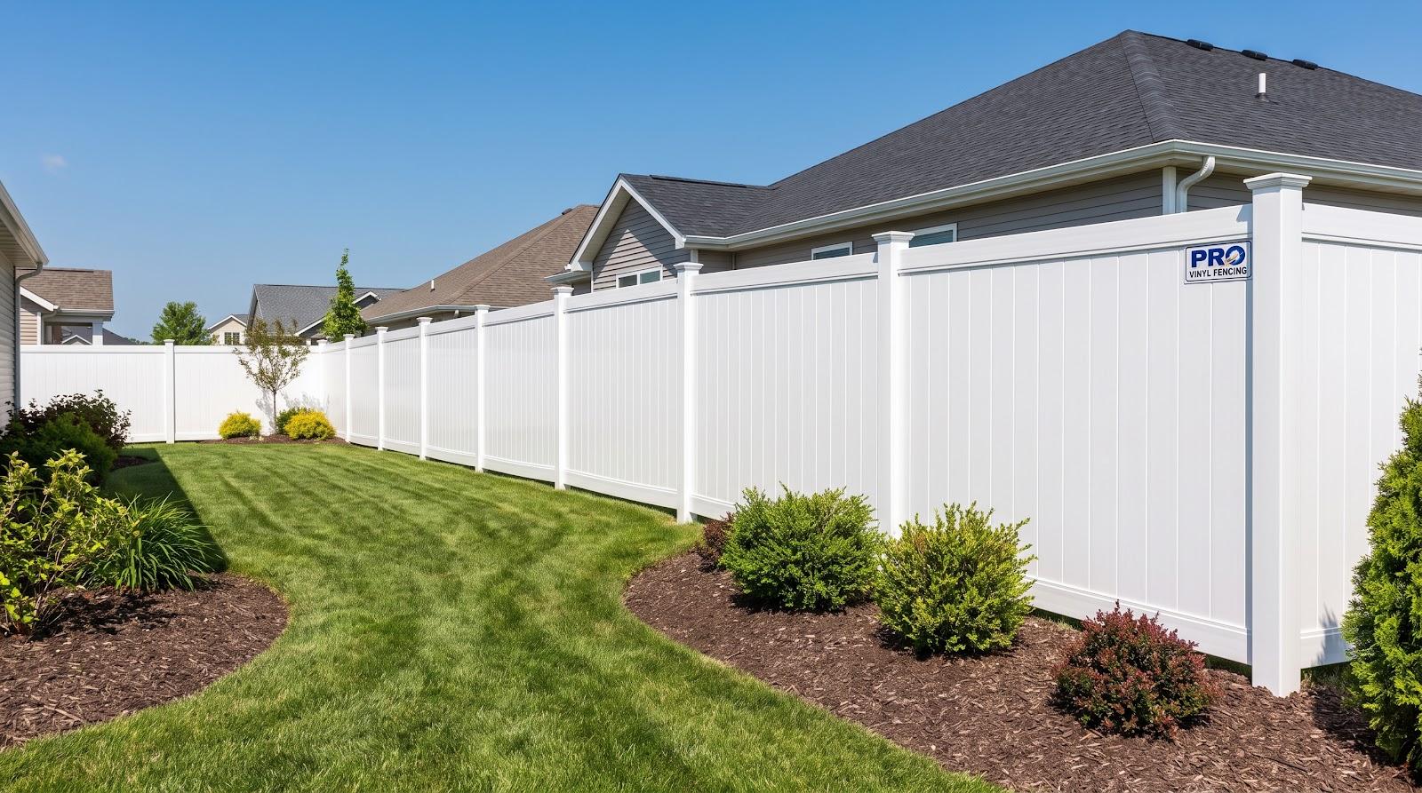 White vinyl fence enclosing green lawn with shrubs under clear blue sky