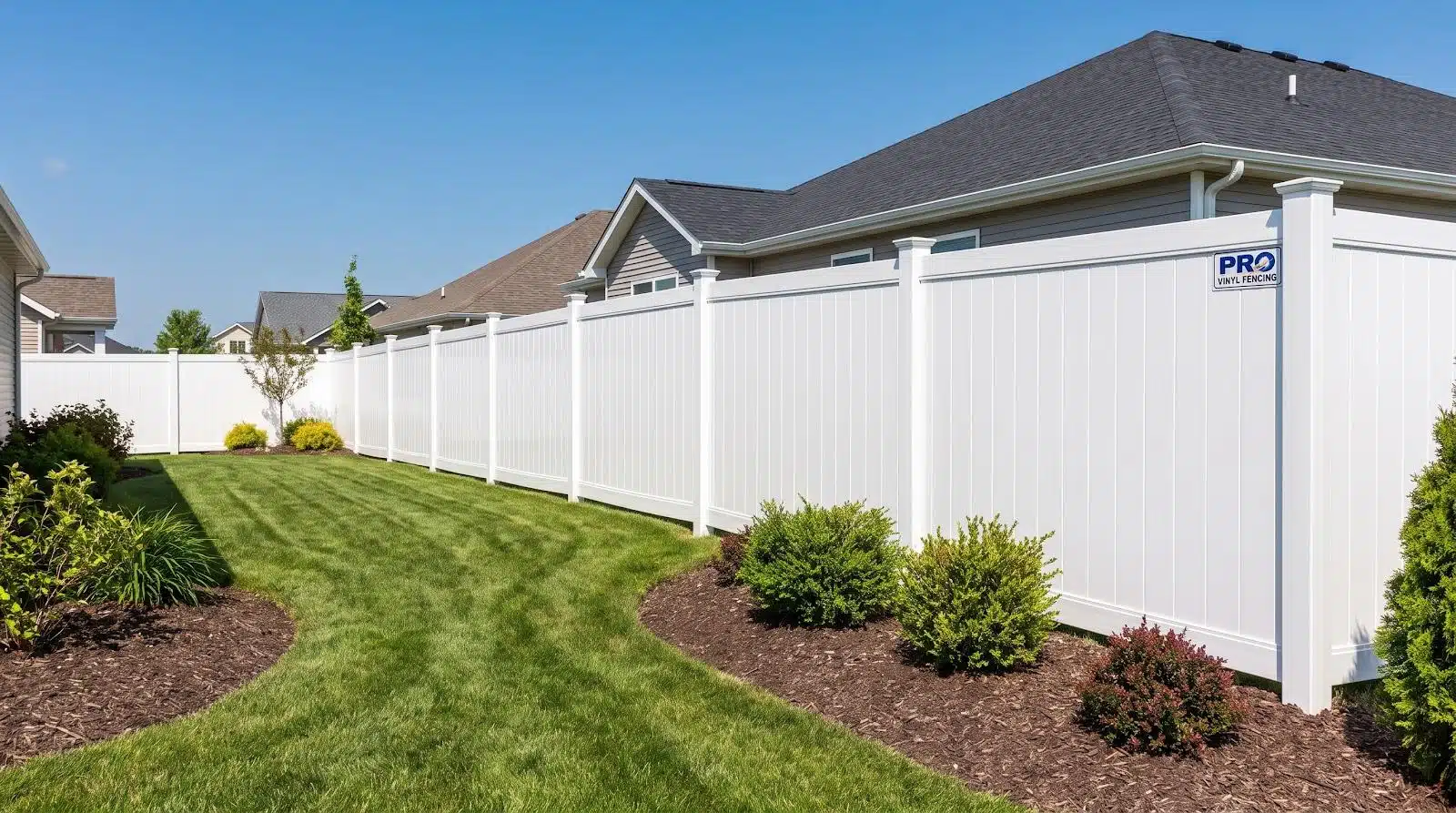 White vinyl fence enclosing green lawn with shrubs under clear blue sky