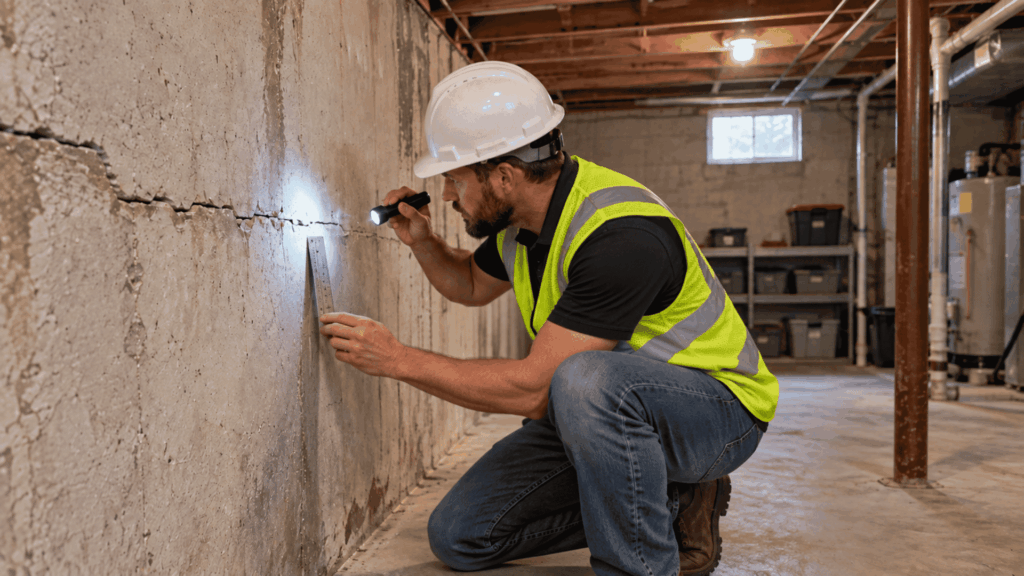 professional inspector in hard hat and safety vest measuring a basement wall crack with a ruler and flashlight