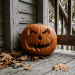 carved lantern with a spooky face sitting on a wooden porch beside a hay bale and fall leaves