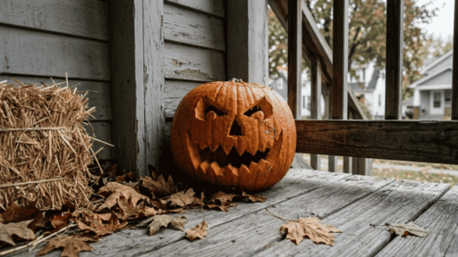 carved lantern with a spooky face sitting on a wooden porch beside a hay bale and fall leaves
