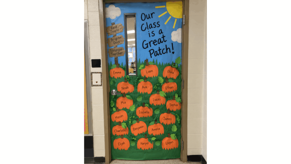 fall classroom door pumpkin patch with student names on orange paper pumpkins