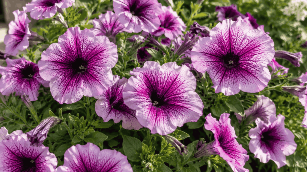 purple and white petunia flowers with dark veining blooming in a sunny garden planter
