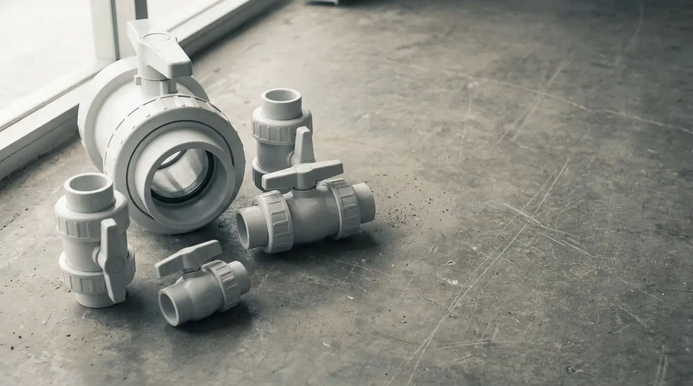 White PVC pipe fittings on textured concrete floor in natural daylight