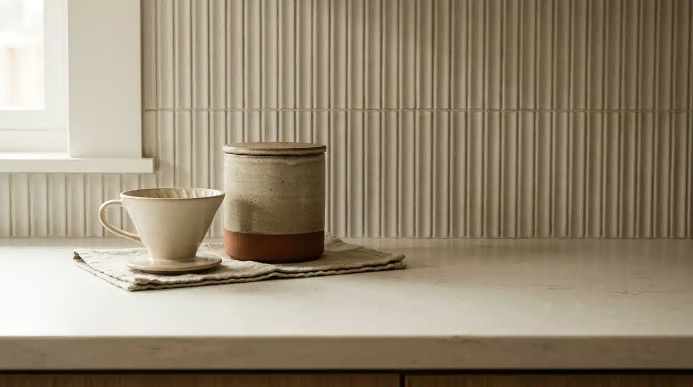 Ceramic coffee dripper and jar on marble countertop in soft light kitchen setting