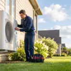 Technician inspecting outdoor air conditioning unit next to house with tool bag nearby