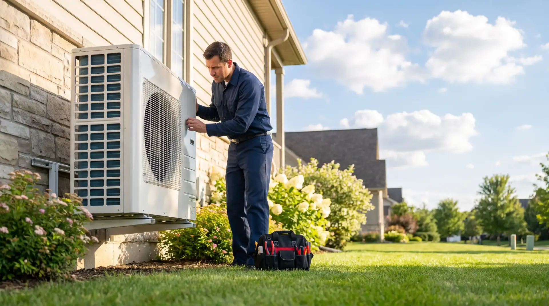 Technician inspecting outdoor air conditioning unit next to house with tool bag nearby