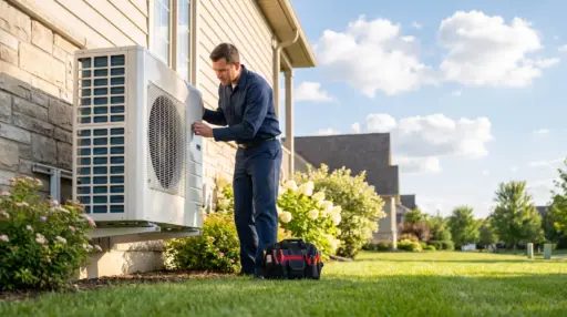 Technician inspecting outdoor air conditioning unit next to house with tool bag nearby