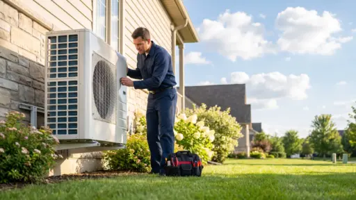 Technician inspecting outdoor air conditioning unit next to house with tool bag nearby
