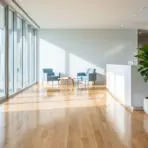 Spacious office lobby with blue armchairs, large windows, and a potted plant on wooden floor