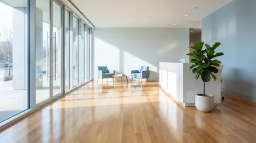 Spacious office lobby with blue armchairs, large windows, and a potted plant on wooden floor
