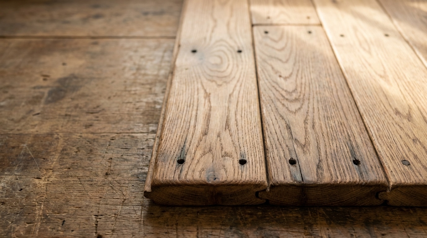 Wooden planks with visible grain pattern on rustic wooden table in natural light