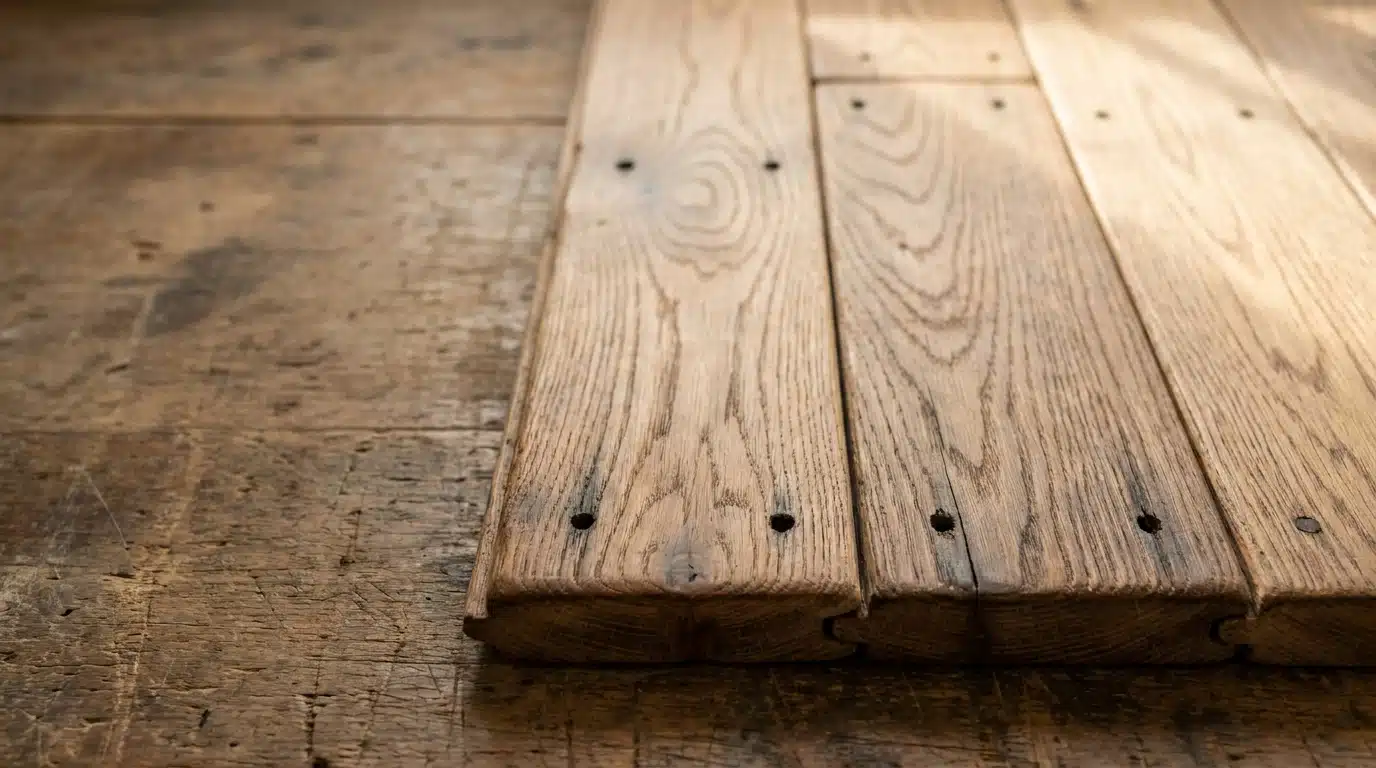 Wooden planks with visible grain pattern on rustic wooden table in natural light