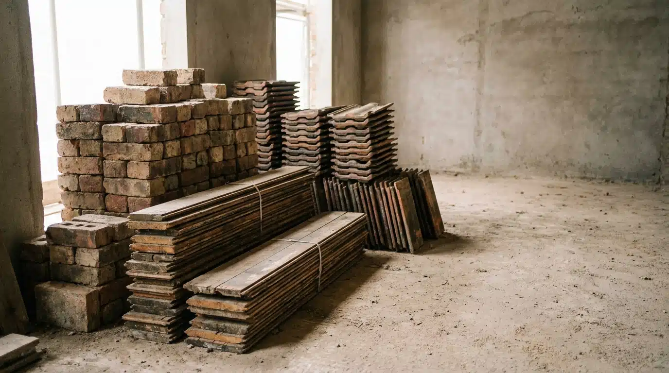 Stacks of bricks and wooden planks in an unfinished indoor construction site