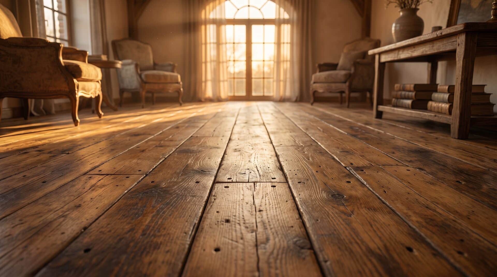 Warm sunlight on wooden flooring in cozy living room with vintage chairs and bookshelves
