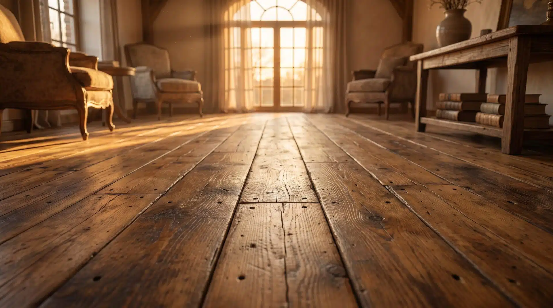 Warm sunlight on wooden flooring in cozy living room with vintage chairs and bookshelves