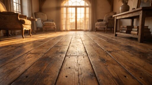 Warm sunlight on wooden flooring in cozy living room with vintage chairs and bookshelves