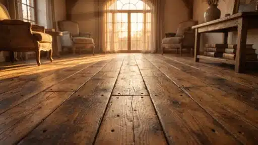 Warm sunlight on wooden flooring in cozy living room with vintage chairs and bookshelves