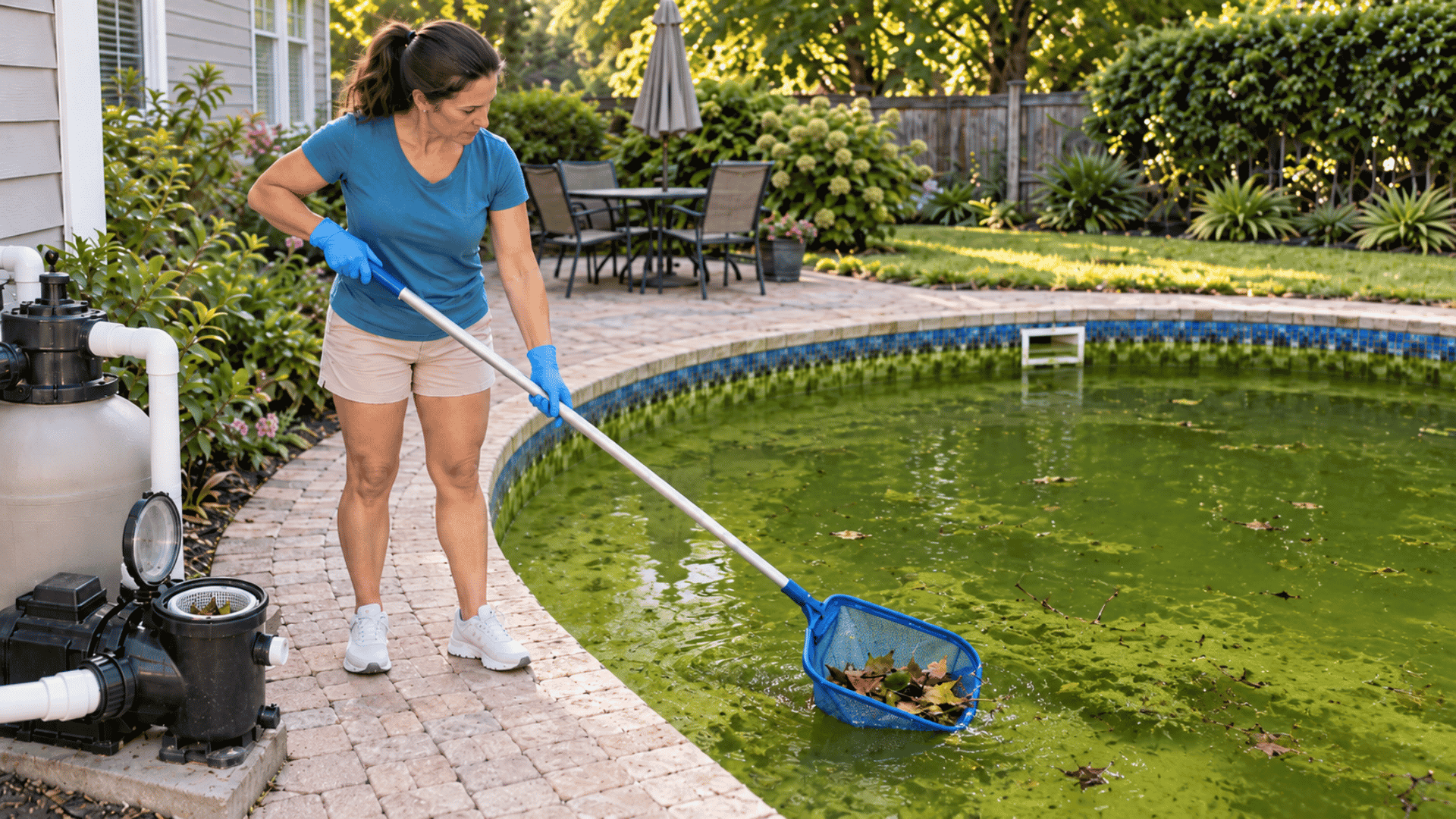 woman skimming leaves and loose debris from a backyard swimming pool before starting algae treatment