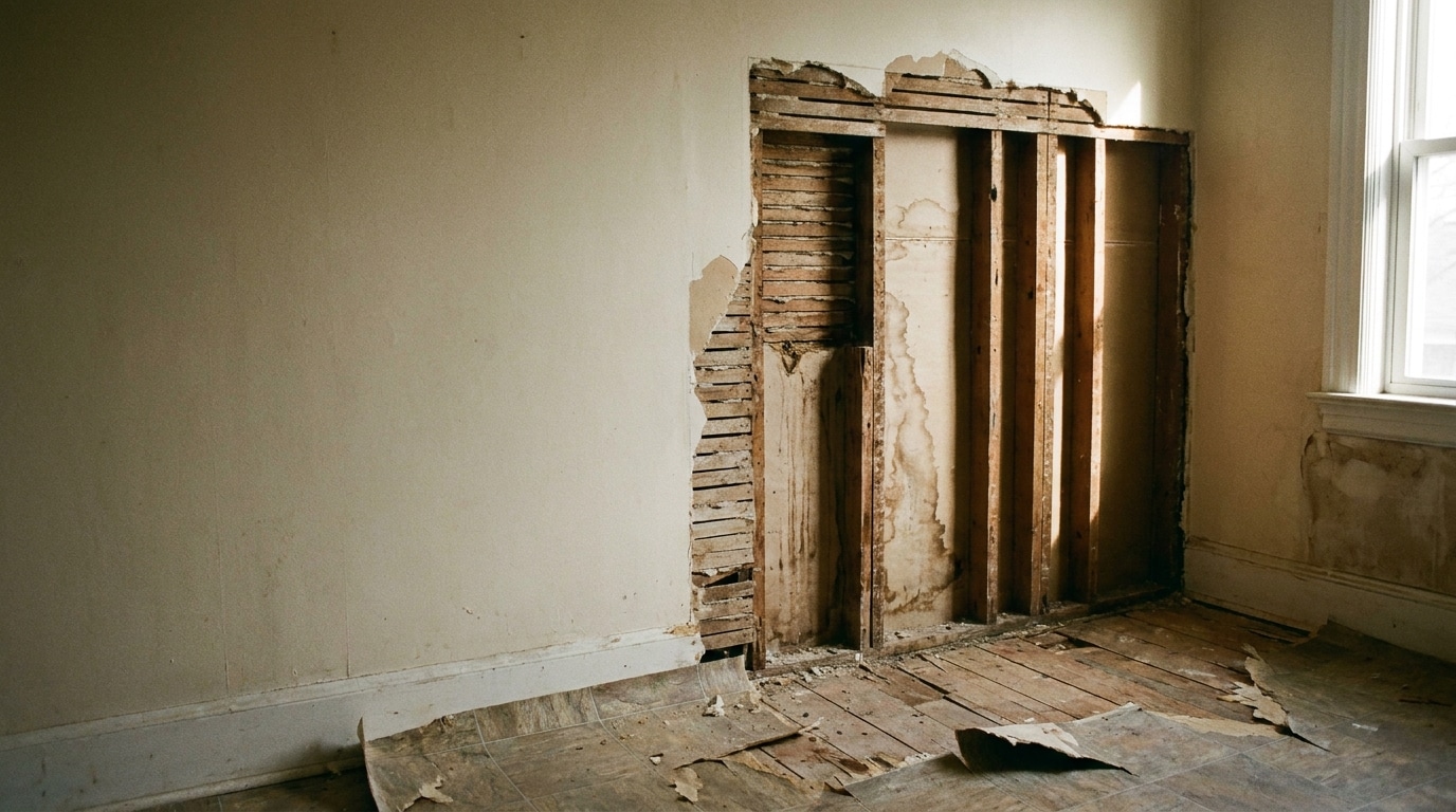 Partially demolished interior wall exposing wooden studs and lath under soft daylight