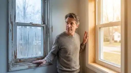 Man standing between old and new windows in well-lit room with beige walls