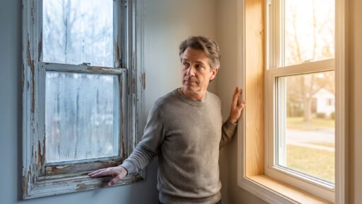 Man standing between old and new windows in well-lit room with beige walls