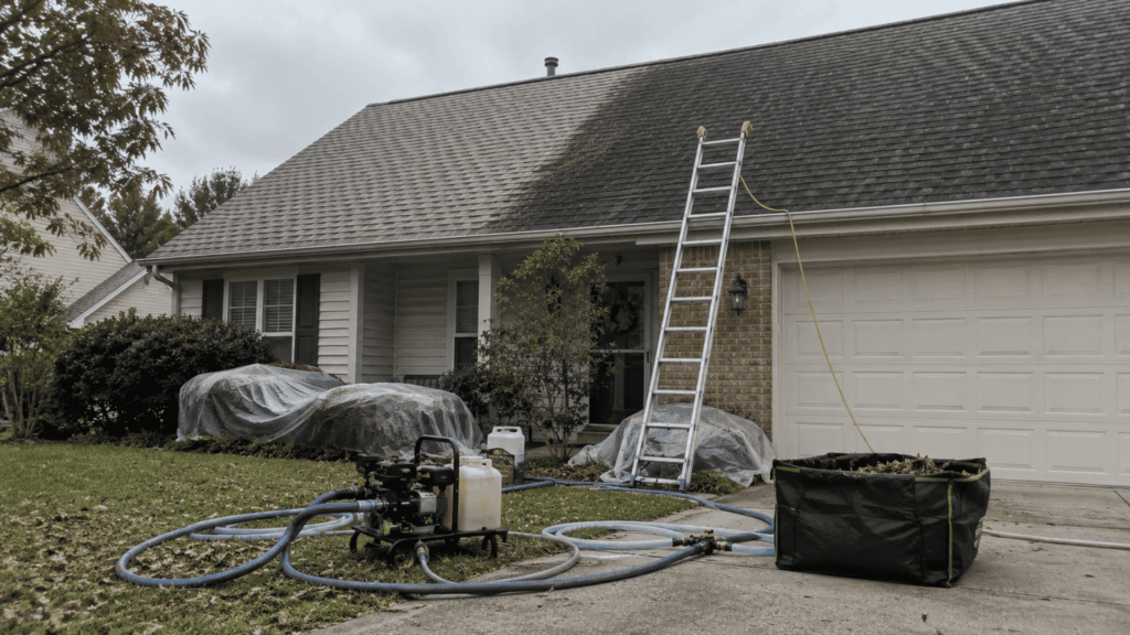 roof-cleaning equipment and covered plants beside a house with stained and cleaned shingles