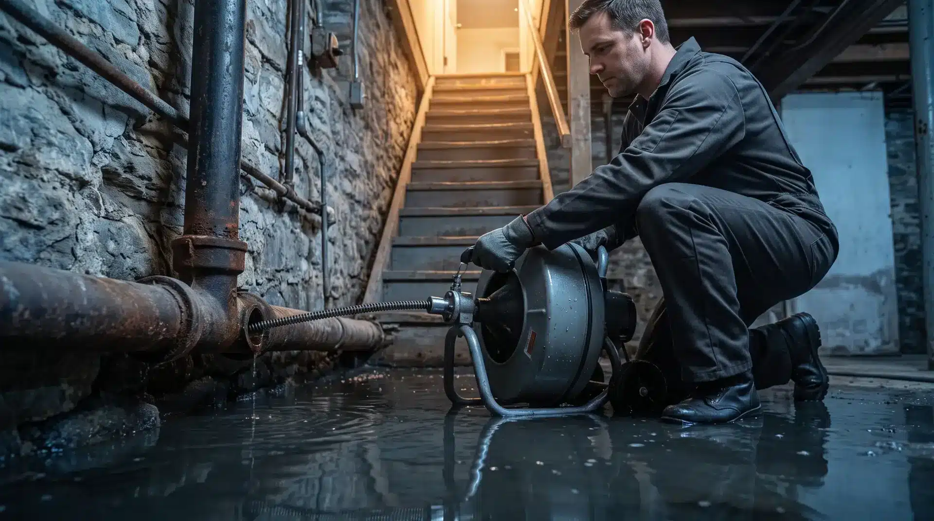 Worker using drain auger in flooded basement with stone walls and visible plumbing pipes