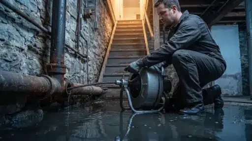 Worker using drain auger in flooded basement with stone walls and visible plumbing pipes
