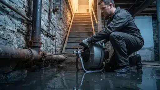 Worker using drain auger in flooded basement with stone walls and visible plumbing pipes