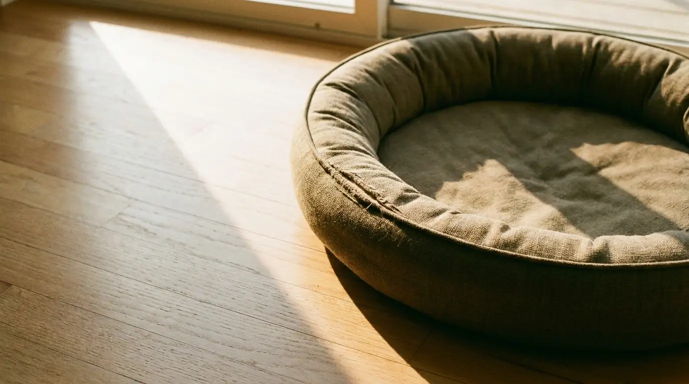 Cozy round pet bed with sunlight streaming through window onto wooden floor