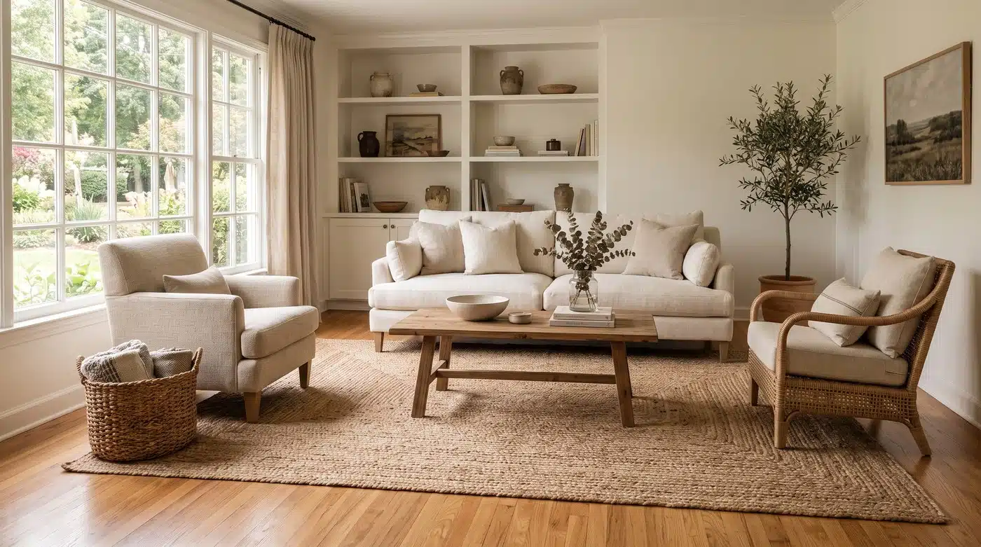 Beige sofa and armchair in cozy living room with large windows and wooden coffee table