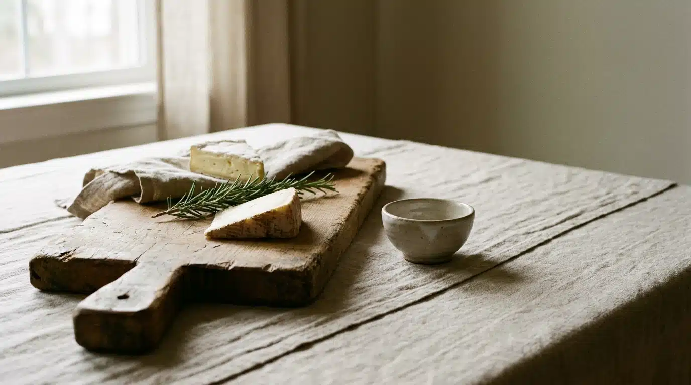 Cheese and rosemary on rustic wooden board in softly lit dining room setting