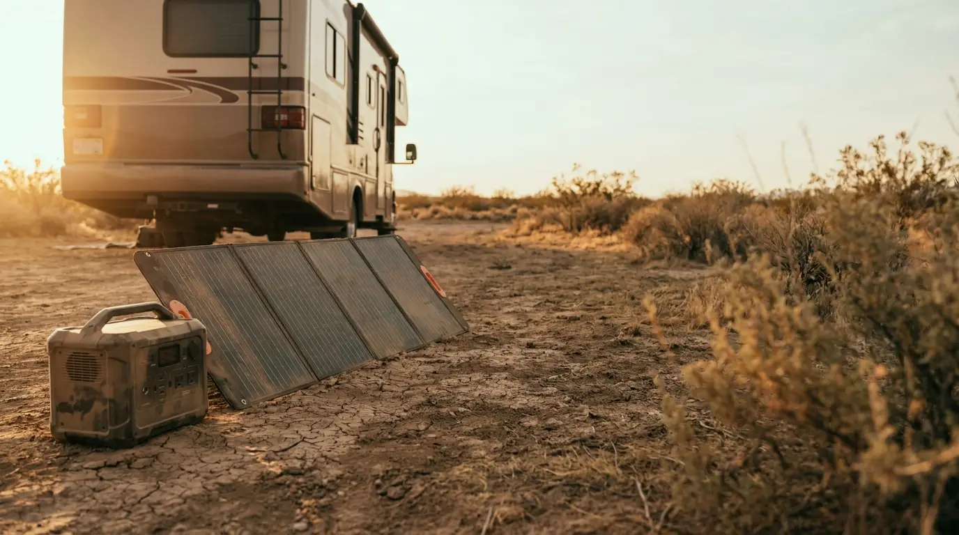 RV parked in desert setting with portable solar panel and power station nearby