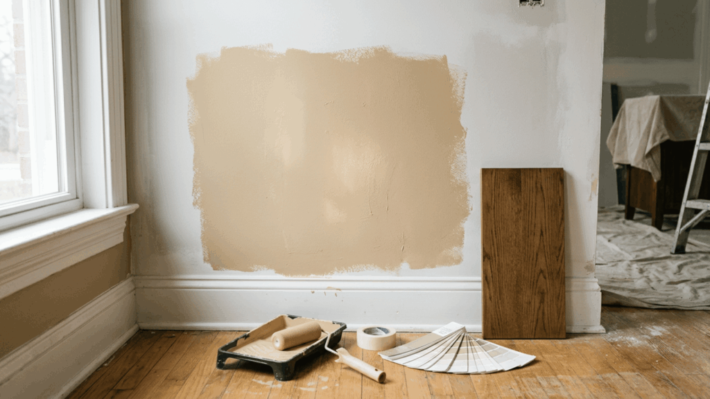 bungalow beige paint sample tested beside flooring white trim and wood furniture in natural light