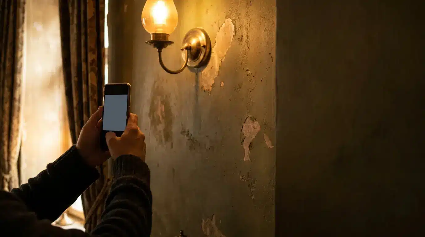 Person photographing vintage wall sconce with smartphone in dimly lit room