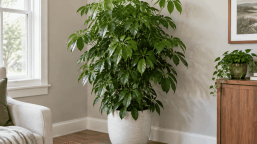 tall schefflera plant in a ceramic pot placed in a bright living room corner with natural decor