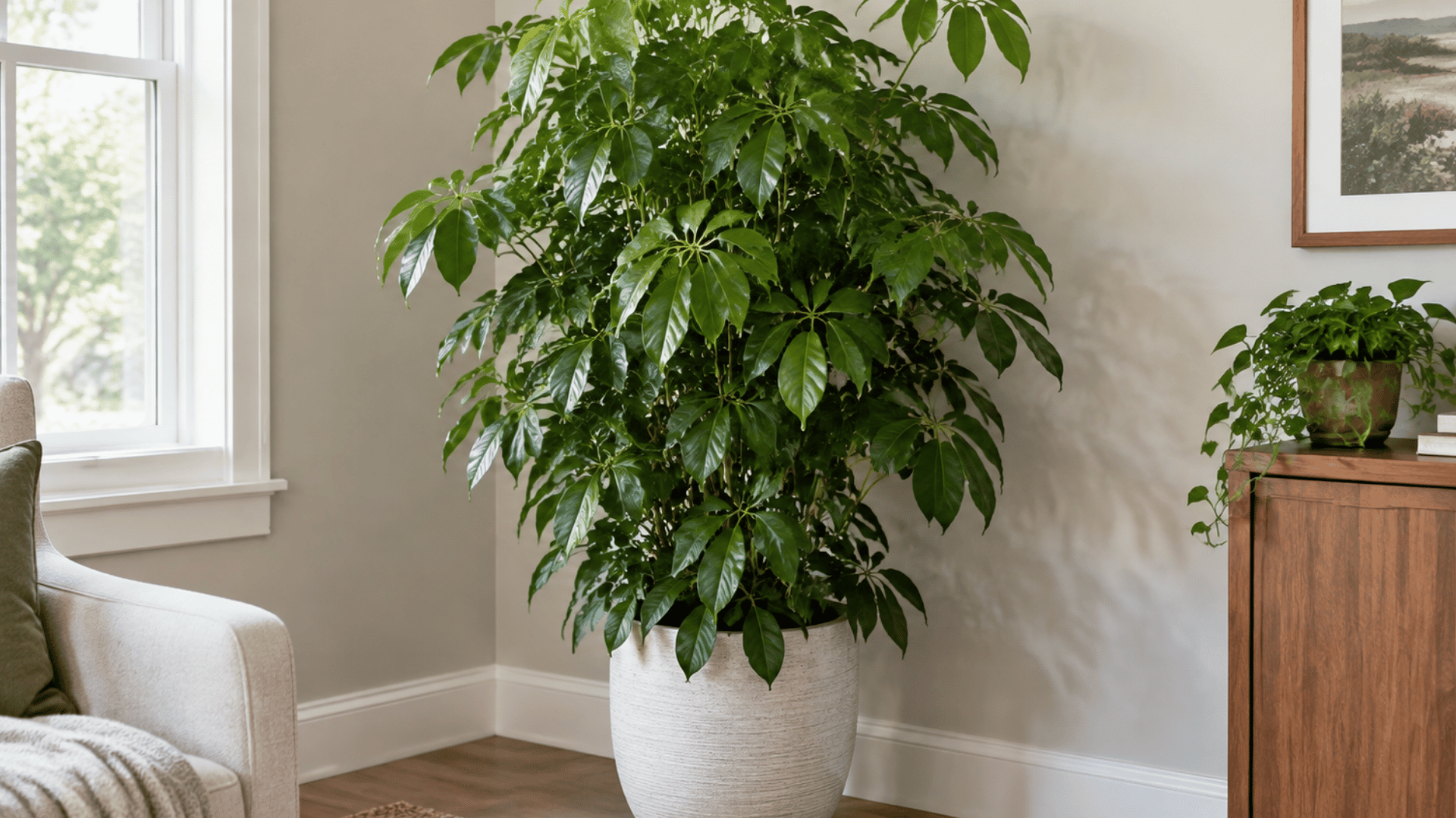 tall schefflera plant in a ceramic pot placed in a bright living room corner with natural decor