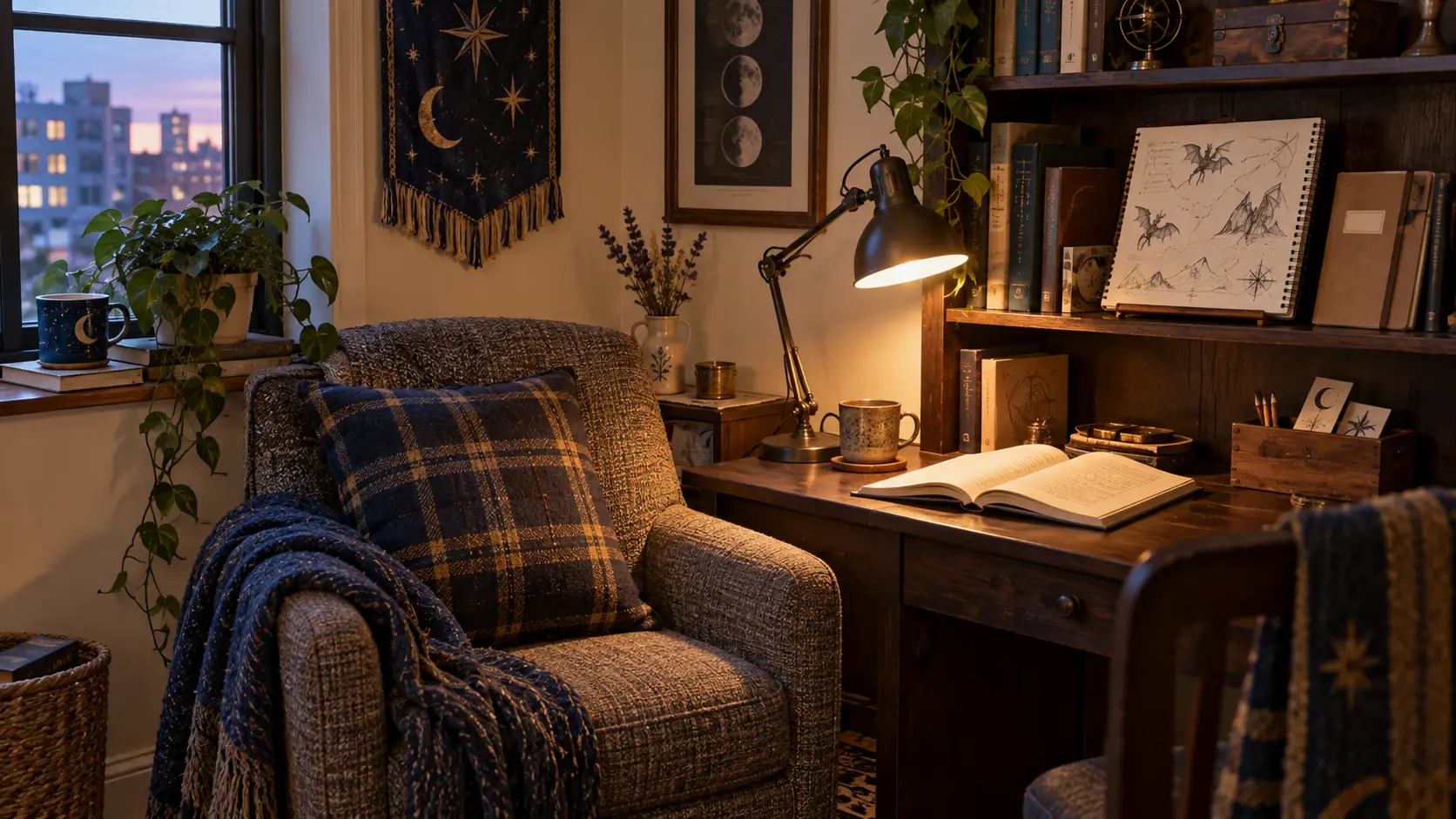 Cozy reading nook with armchair, books, and desk lamp in softly lit study room