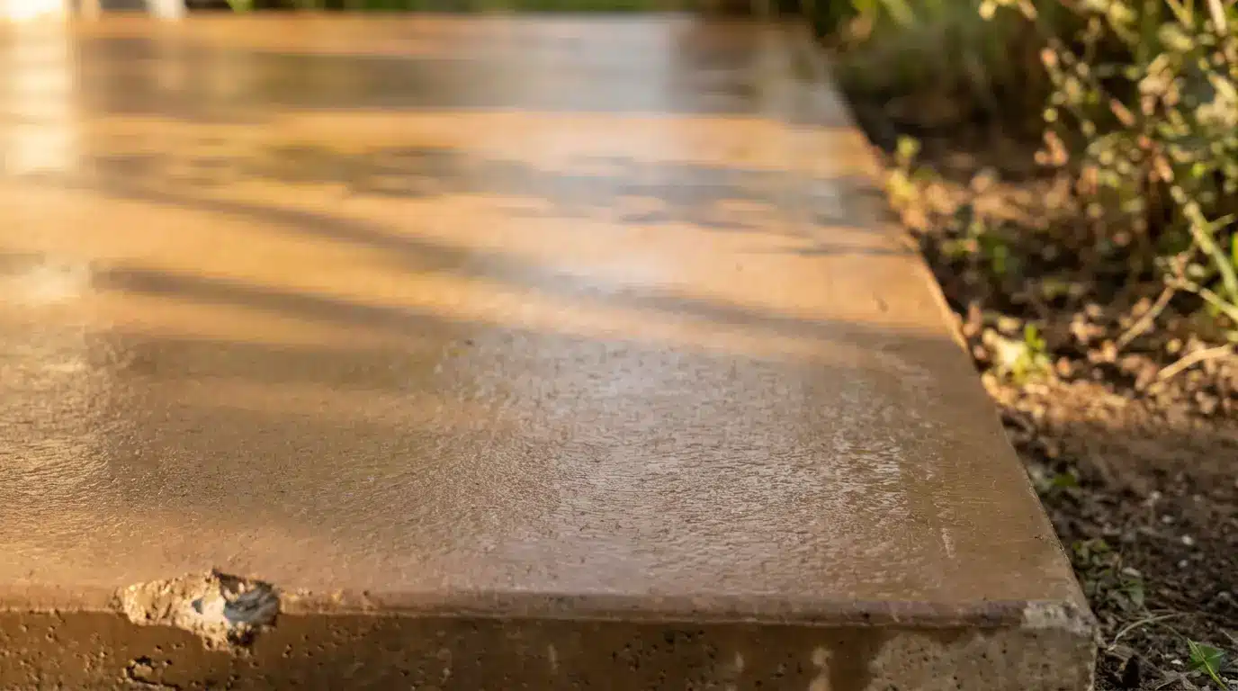 Wet cement slab drying under sunlight in a garden setting with surrounding plants