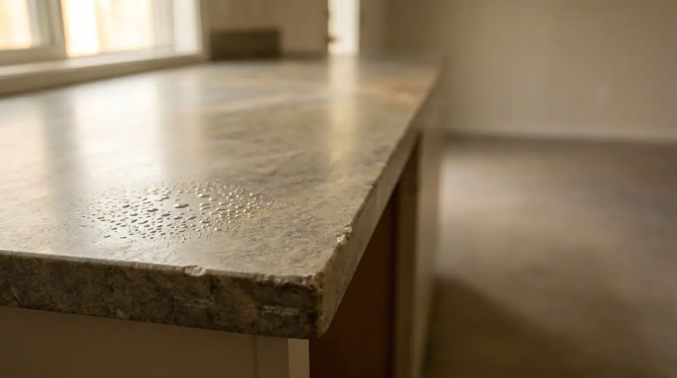 Beige stone countertop with water droplets in softly lit kitchen setting