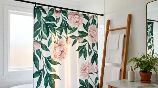 Floral shower curtain with pink peonies in white bathroom featuring wooden towel ladder and potted plant