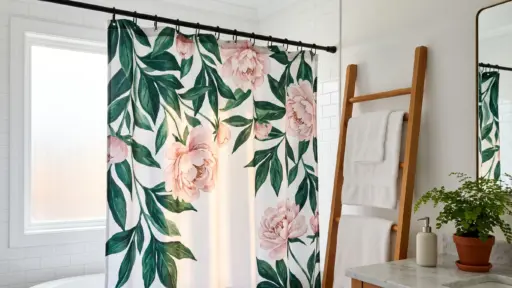 Floral shower curtain with pink peonies in white bathroom featuring wooden towel ladder and potted plant