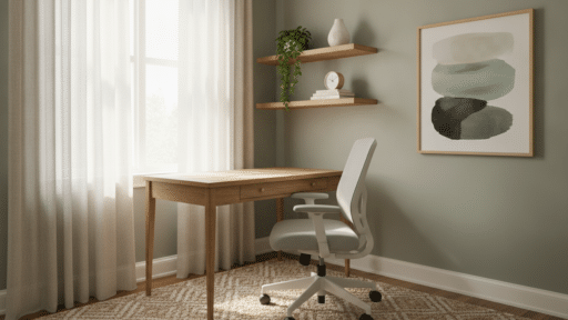 Modern home office with wooden desk, gray office chair, abstract art, and natural light from window