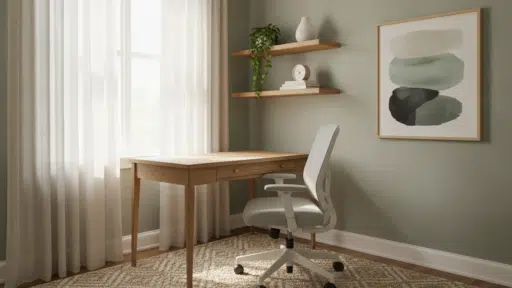 Modern home office with wooden desk, gray office chair, abstract art, and natural light from window