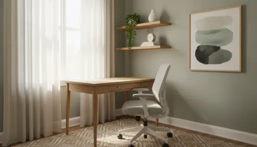 Modern home office with wooden desk, gray office chair, abstract art, and natural light from window